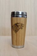 Lasercut Travel Mug personalised - S-Steel with 100% Bamboo exterior  -  House Stark