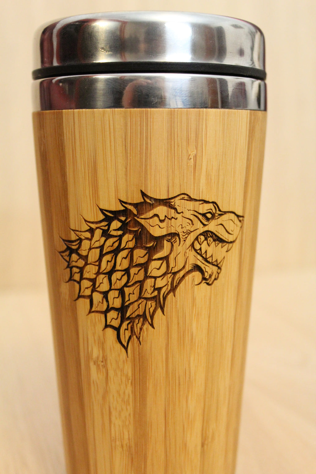 Lasercut Travel Mug personalised - S-Steel with 100% Bamboo exterior  -  House Stark