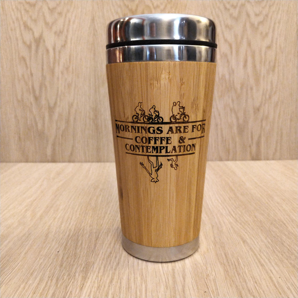 Lasercut Travel Mug personalised - S-Steel with 100% Bamboo exterior - Coffee and Contemplation