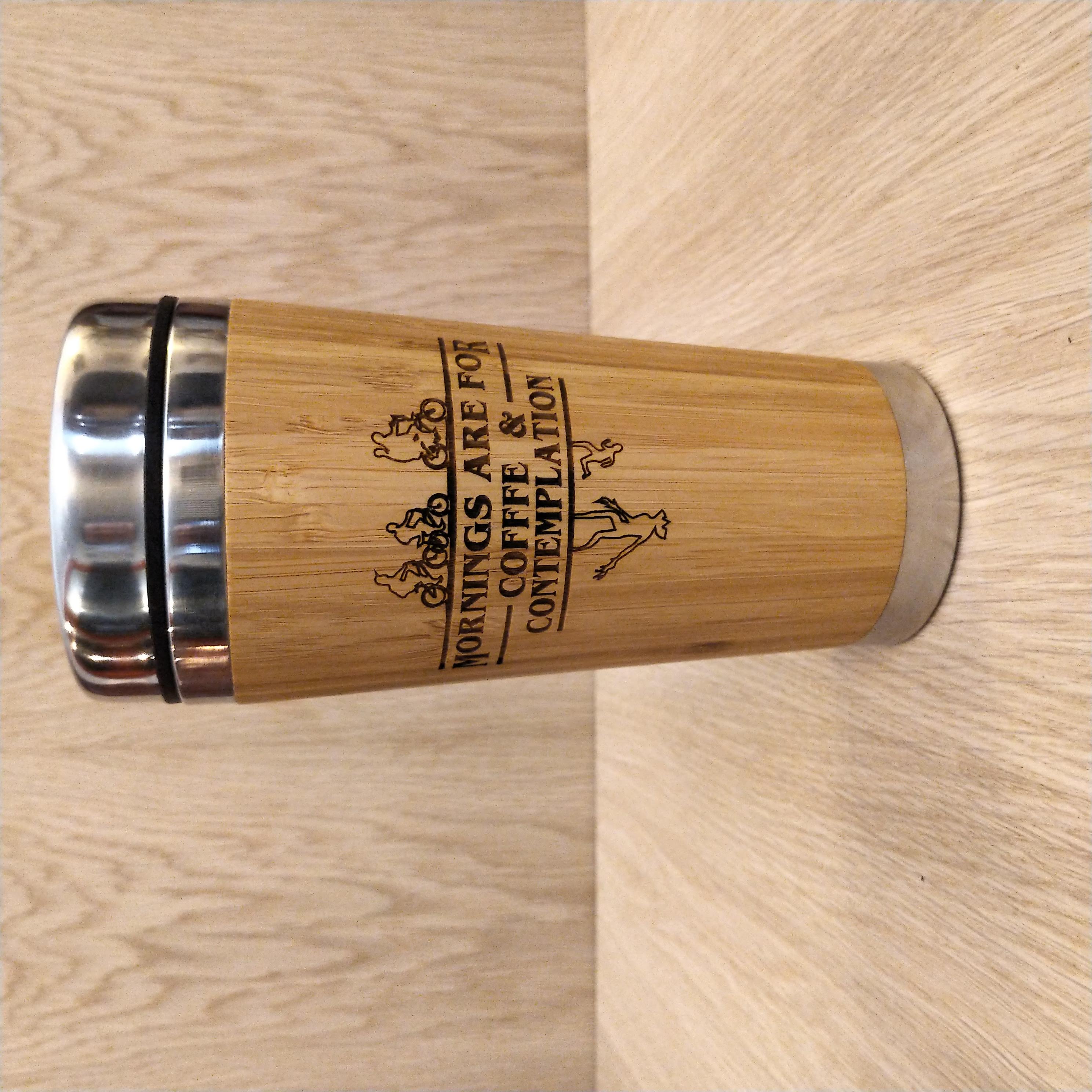 Lasercut Travel Mug personalised - S-Steel with 100% Bamboo exterior - Coffee and Contemplation
