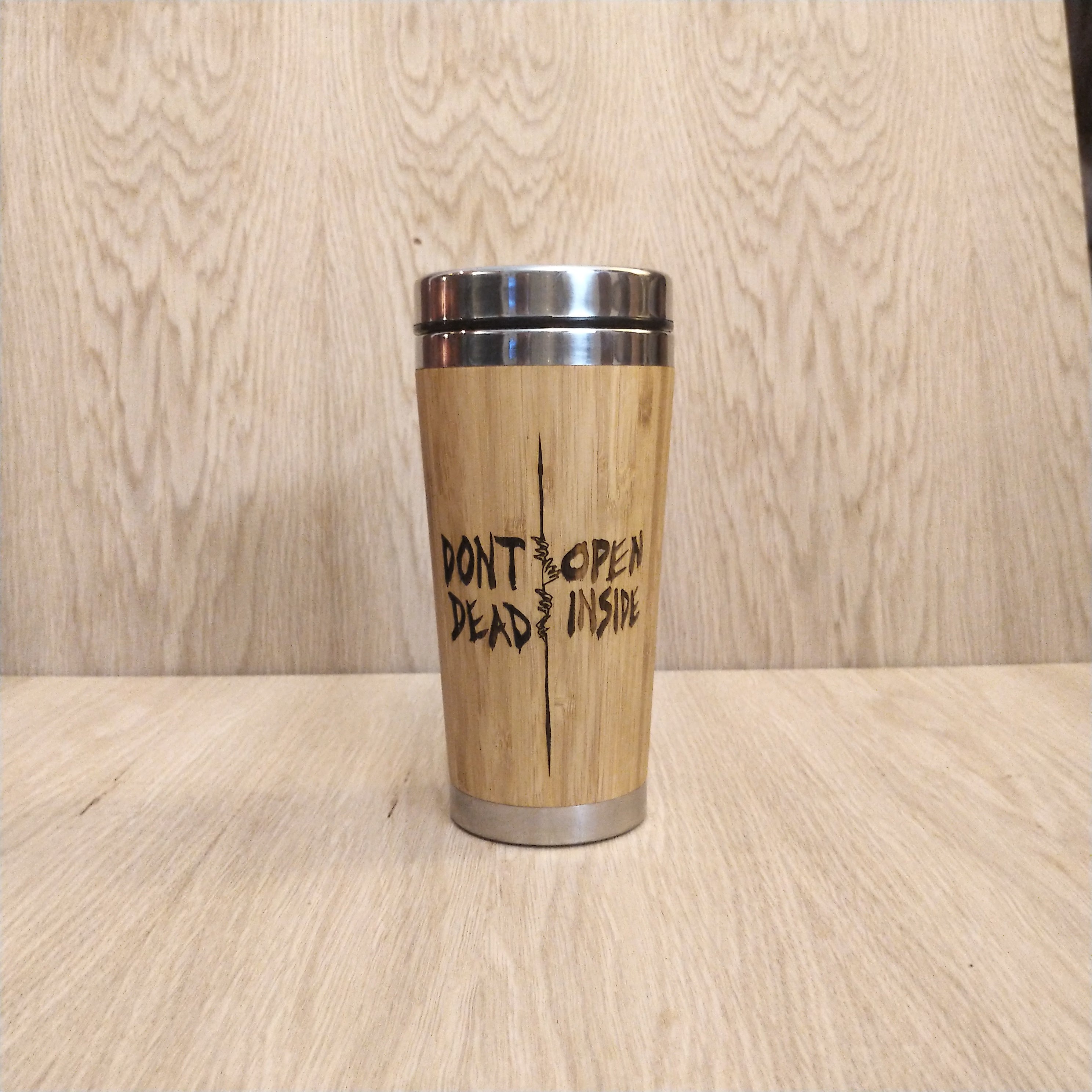 Lasercut Travel Mug personalised - S-Steel with 100% Bamboo exterior -  Zombie