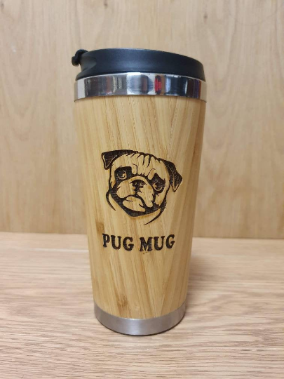 Lasercut Travel Mug - S-Steel with 100% Bamboo exterior - Pug Mug