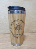 Lasercut Travel Mug personalised - S-Steel with 100% Bamboo exterior  -  LOTR Gondor Tree and Ring Inscription