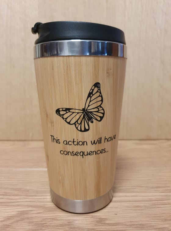 Lasercut Travel Mug personalised - S-Steel with 100% Bamboo exterior  -  Life is strange butterfly consequences