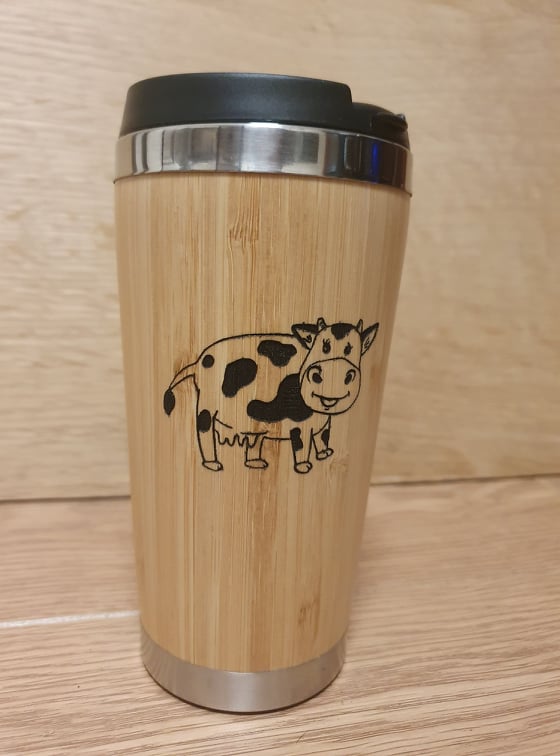 Lasercut Travel Mug personalised - S-Steel with 100% Bamboo exterior  -  Cute Cow