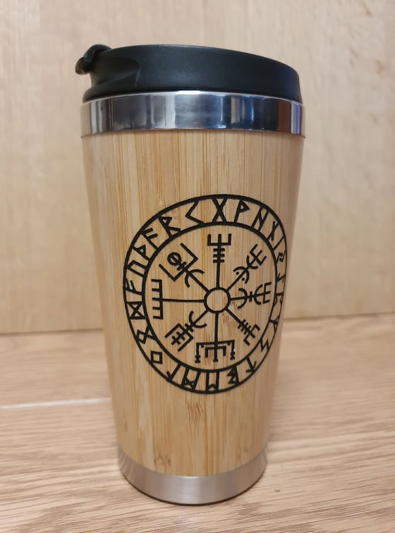 Lasercut Travel Mug personalised - S-Steel with 100% Bamboo exterior  -  Vegvisir compass Nordic Viking