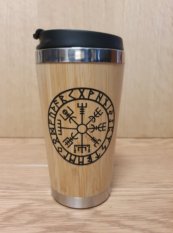 Lasercut Travel Mug personalised - S-Steel with 100% Bamboo exterior  -  Vegvisir compass Nordic Viking