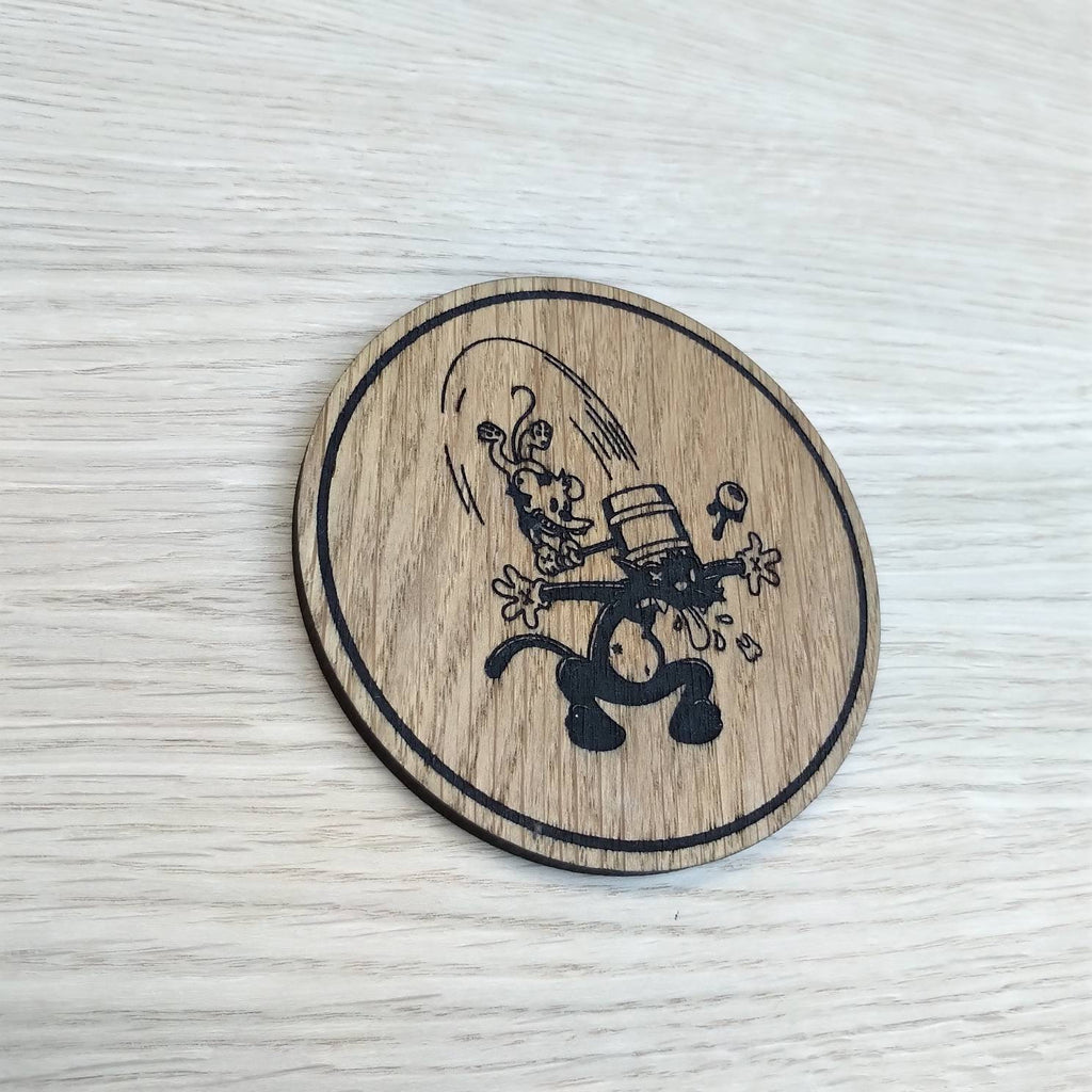 Laser cut wooden coaster. Cartoon mouse vs cat fight  - Unique Gift lasercut