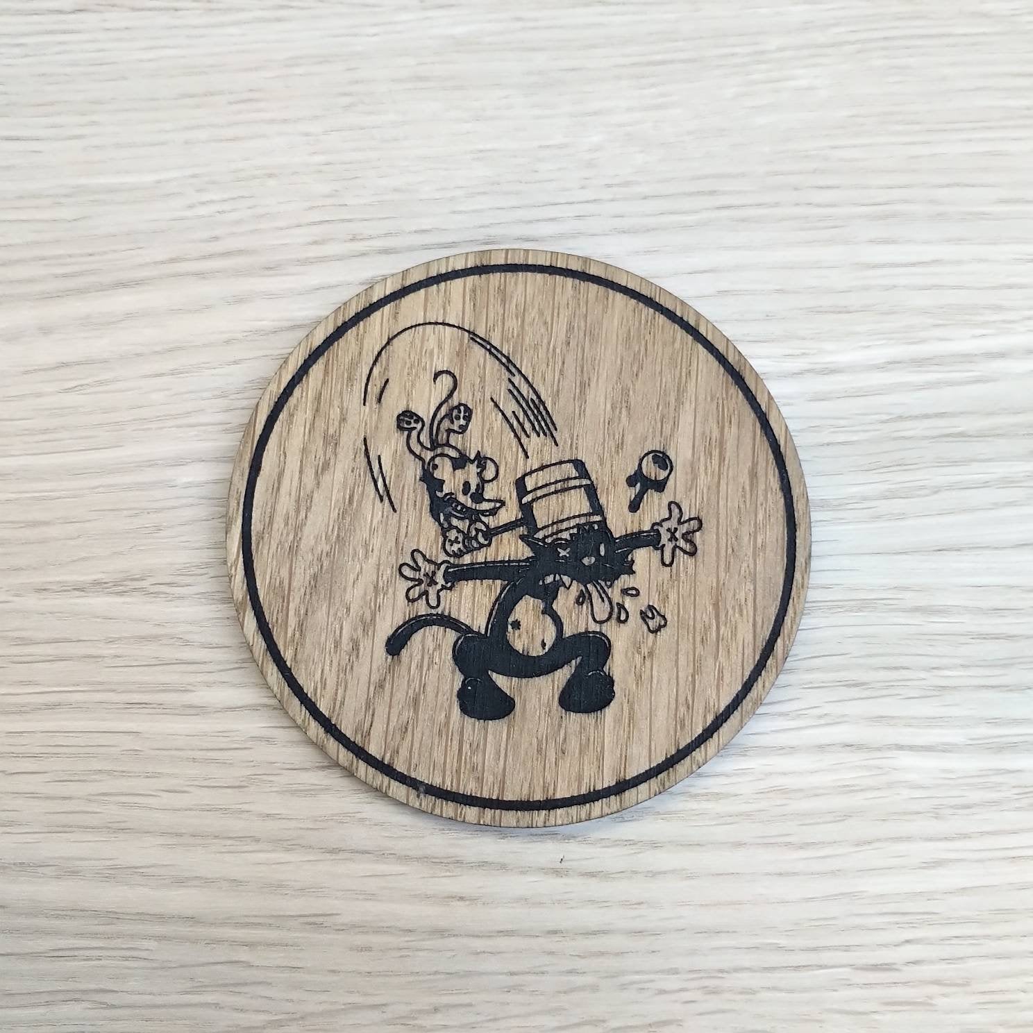 Laser cut wooden coaster. Cartoon mouse vs cat fight  - Unique Gift lasercut