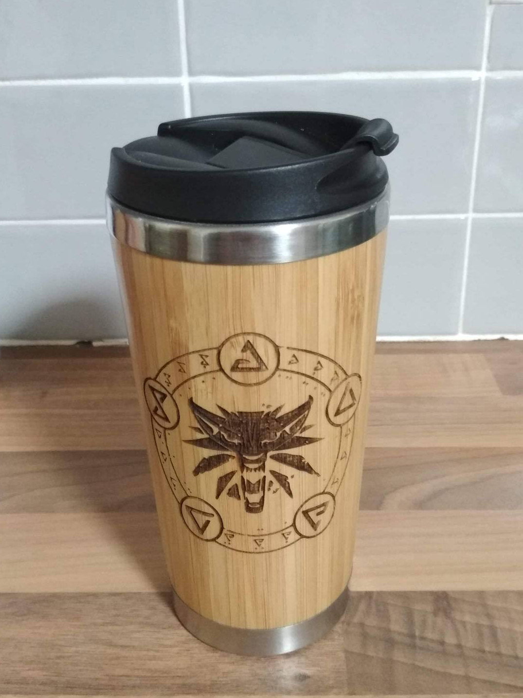 Lasercut Travel Mug   - Bamboo Eco Friendly  - The Witcher - Unique Gift