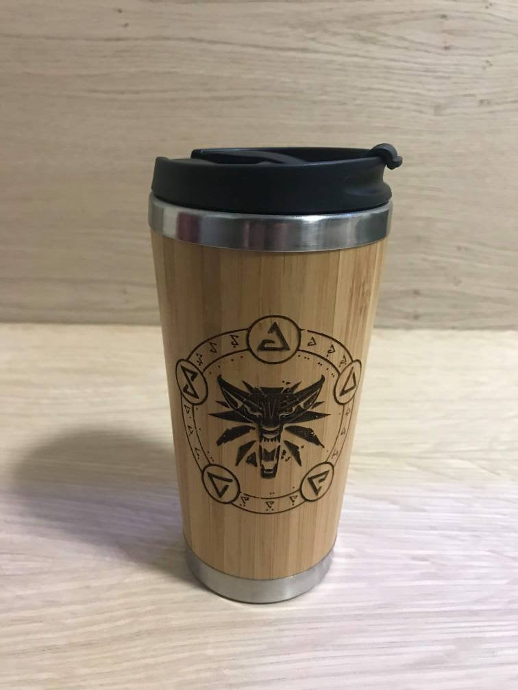 Lasercut Travel Mug   - Bamboo Eco Friendly  - The Witcher - Unique Gift