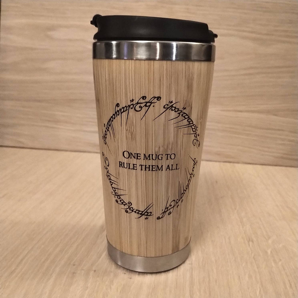 Lasercut Travel Mug - Bamboo Eco Friendly - LOTR One mug to rule them all. Lord of the rings inspired- Unique Gift for him her friend