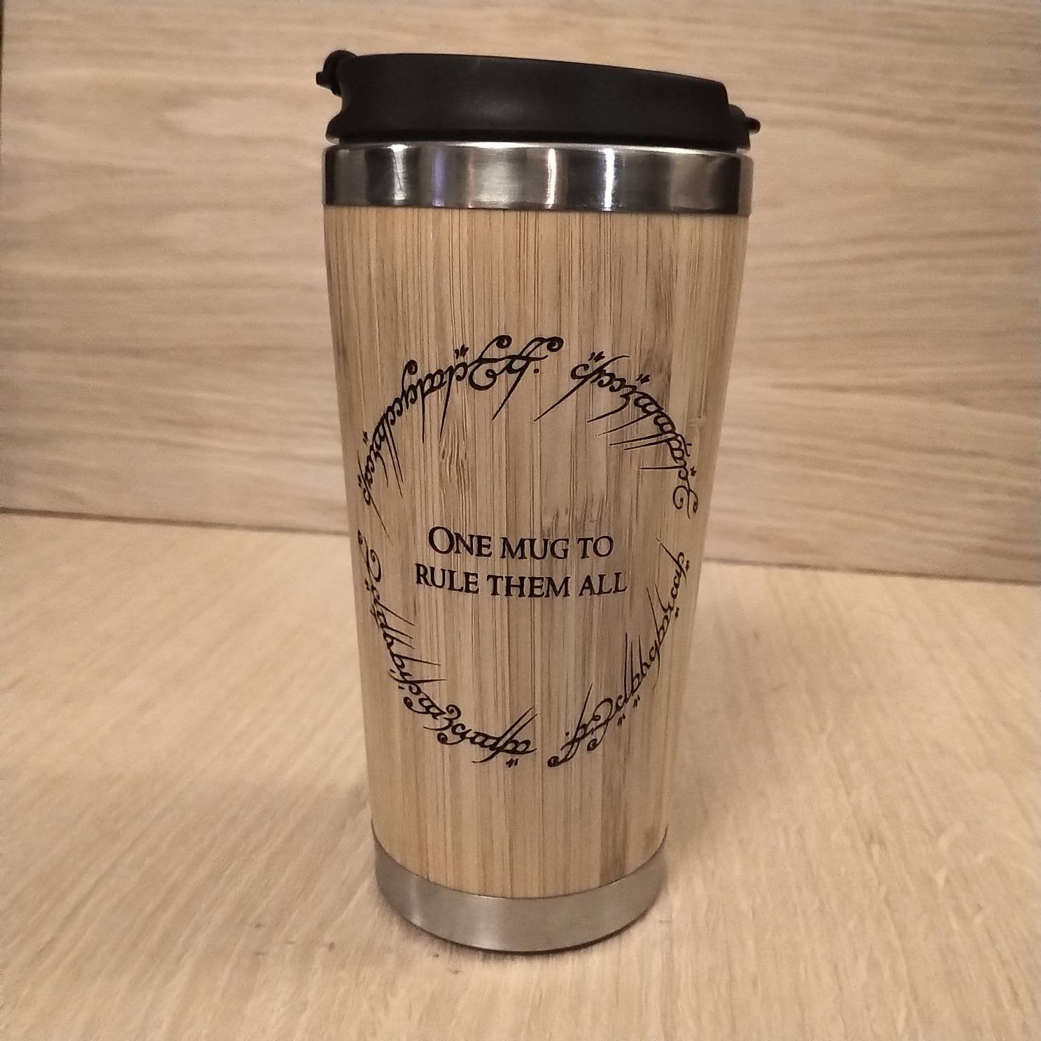Lasercut Travel Mug - Bamboo Eco Friendly - LOTR One mug to rule them all. Lord of the rings inspired- Unique Gift for him her friend