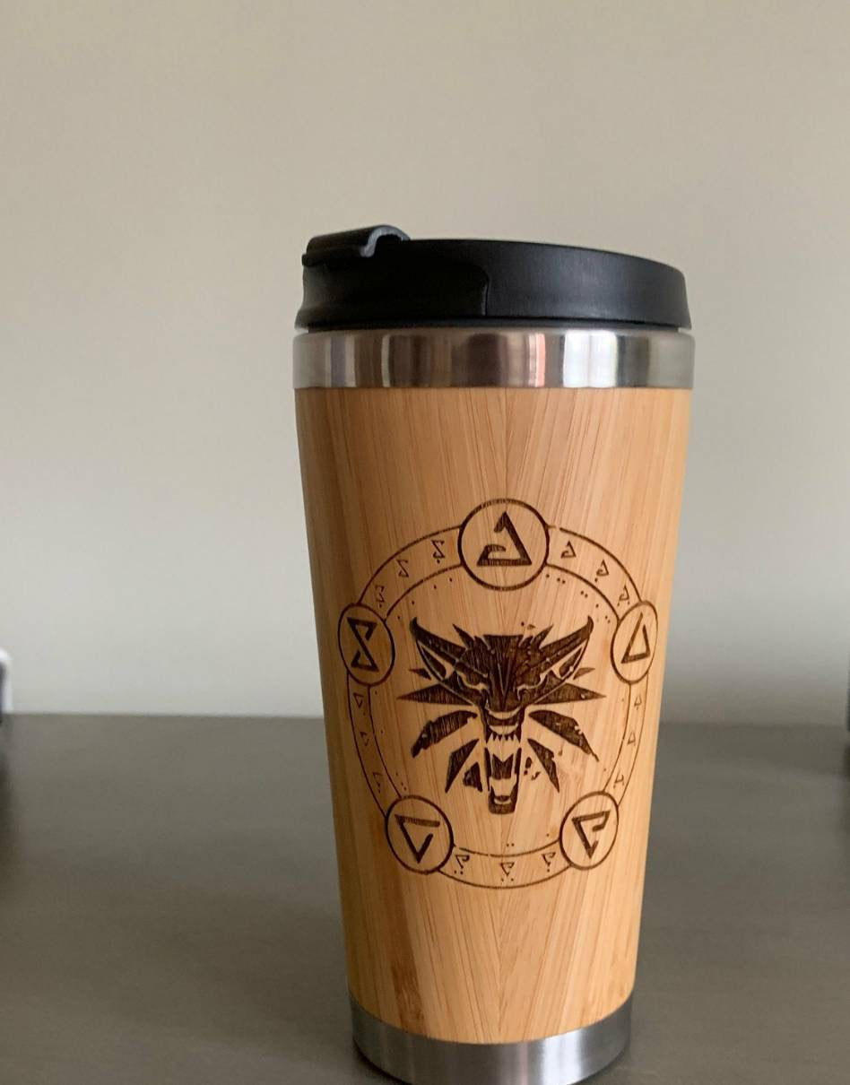 Lasercut Travel Mug   - Bamboo Eco Friendly  - The Witcher - Unique Gift