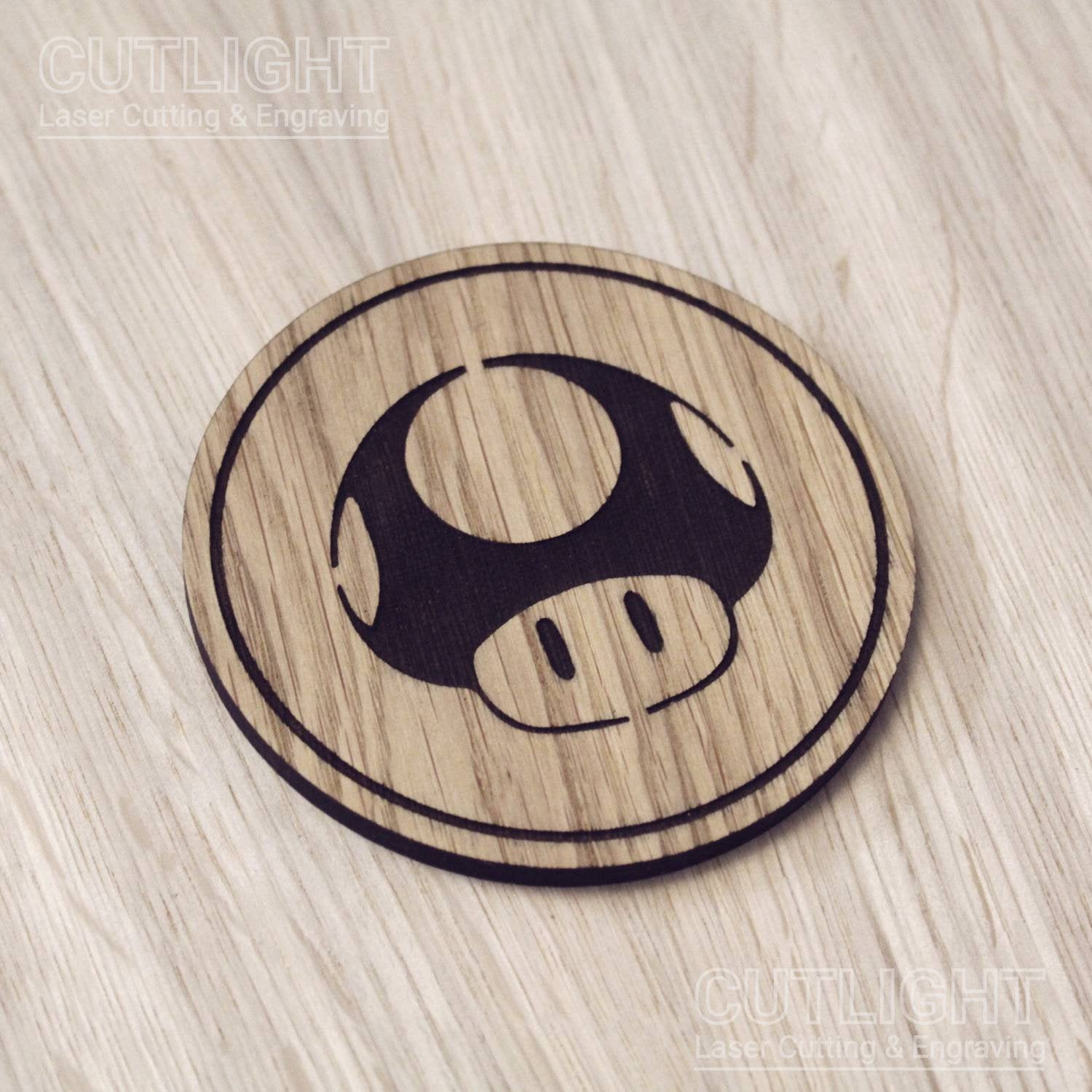 Laser cut wooden coaster. Cute mushroom powerup speed - Unique Gift lasercut