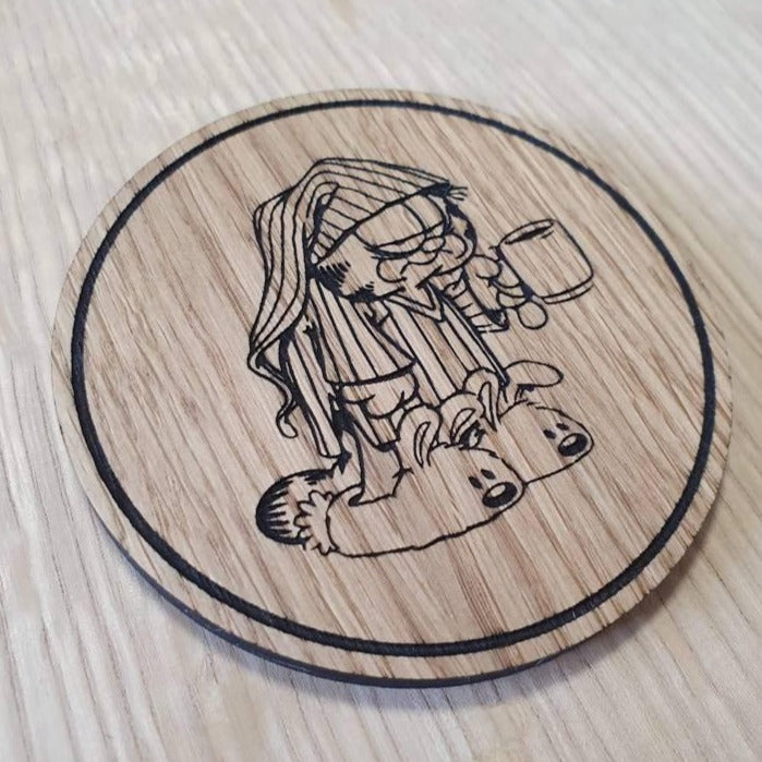 Laser cut wooden coaster. Ginger cat hates Monday's coffee and slippers - Unique Gift lasercut