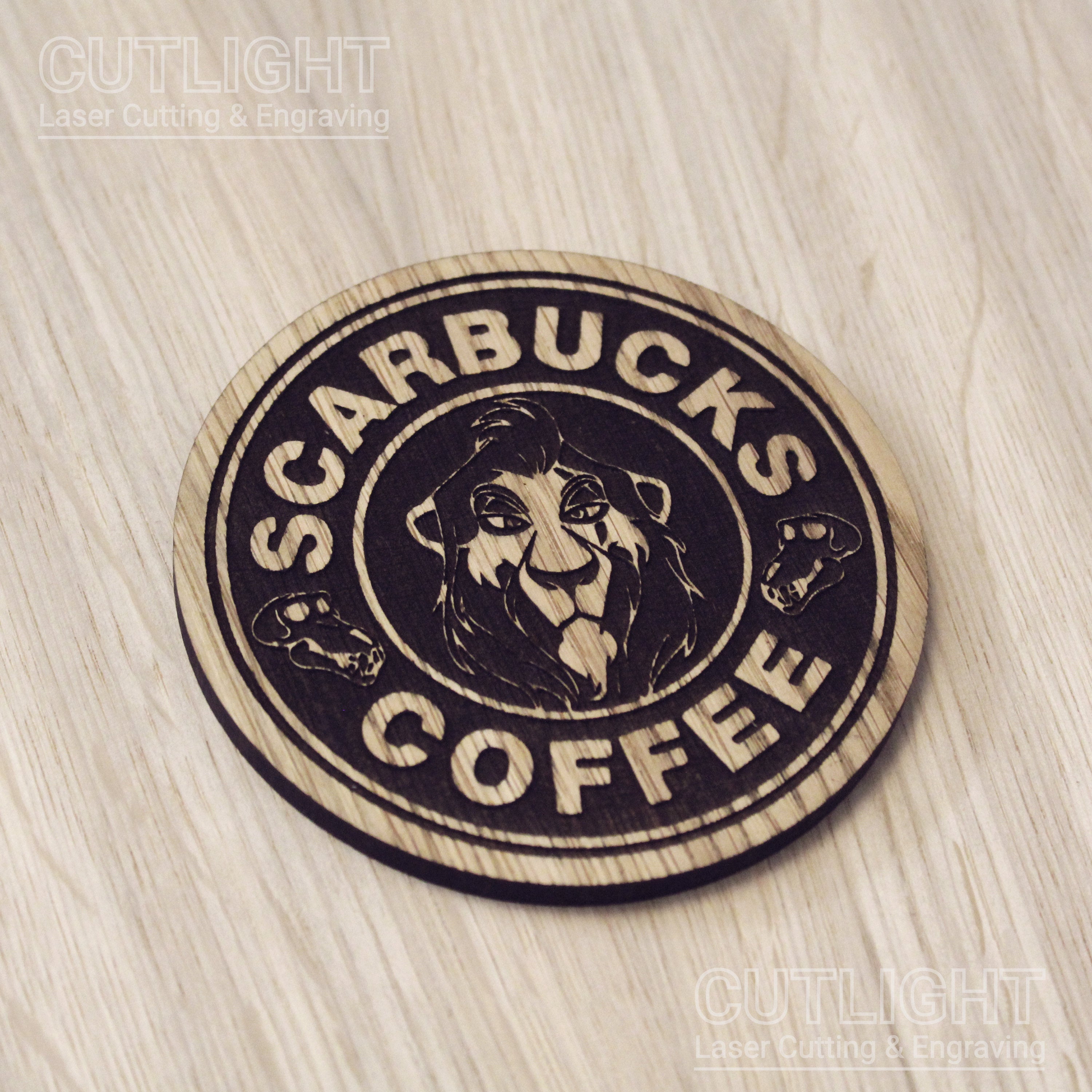 Laser cut wooden coaster. Lion Scar Coffee  - Unique Gift lasercut