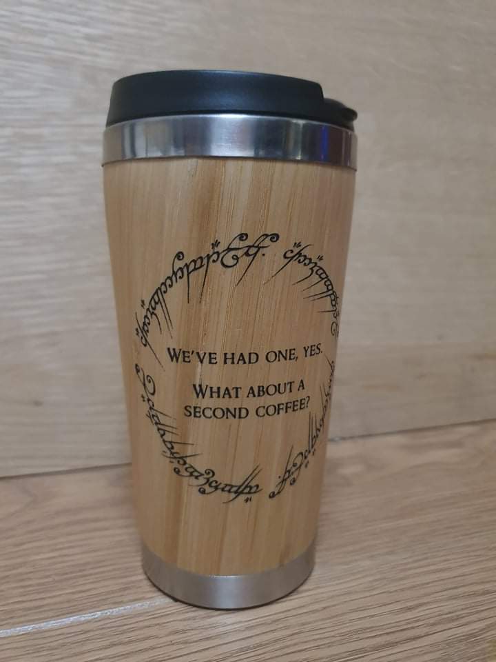 Lasercut Travel Mug personalised - S-Steel with 100% Bamboo exterior -  LOTR one ring second breakfast coffee pun