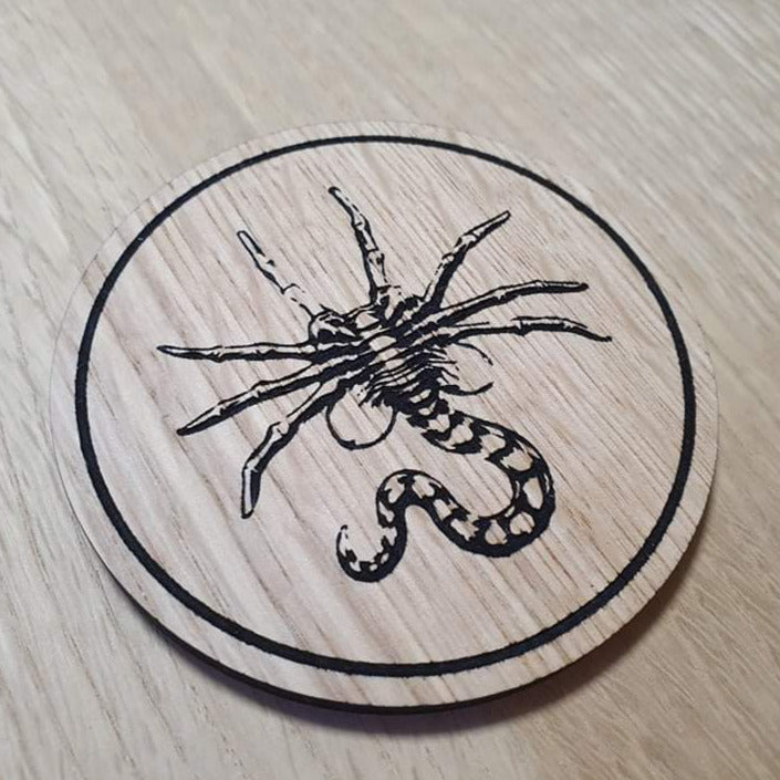 Laser cut wooden coaster personalised. Xenomorph Face Hugger