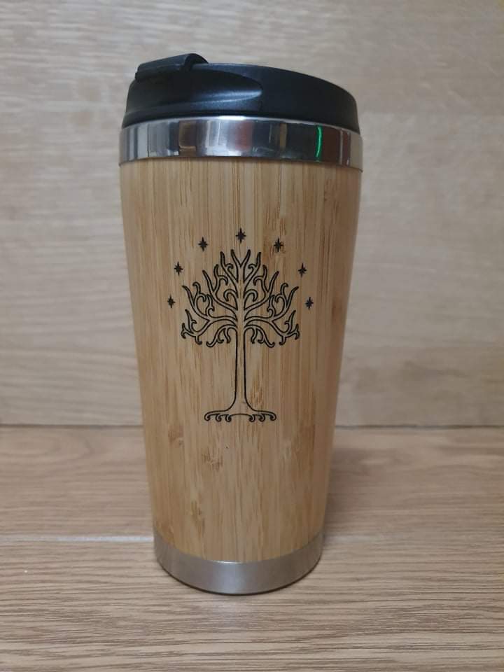 Lasercut Travel Mug personalised - S-Steel with 100% Bamboo exterior -  LOTR Gondor Tree