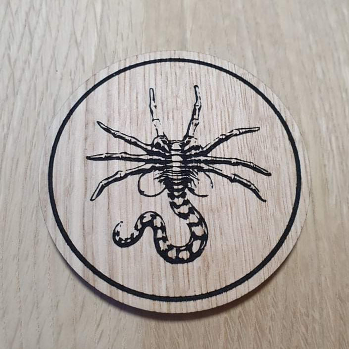Laser cut wooden coaster personalised. Xenomorph Face Hugger