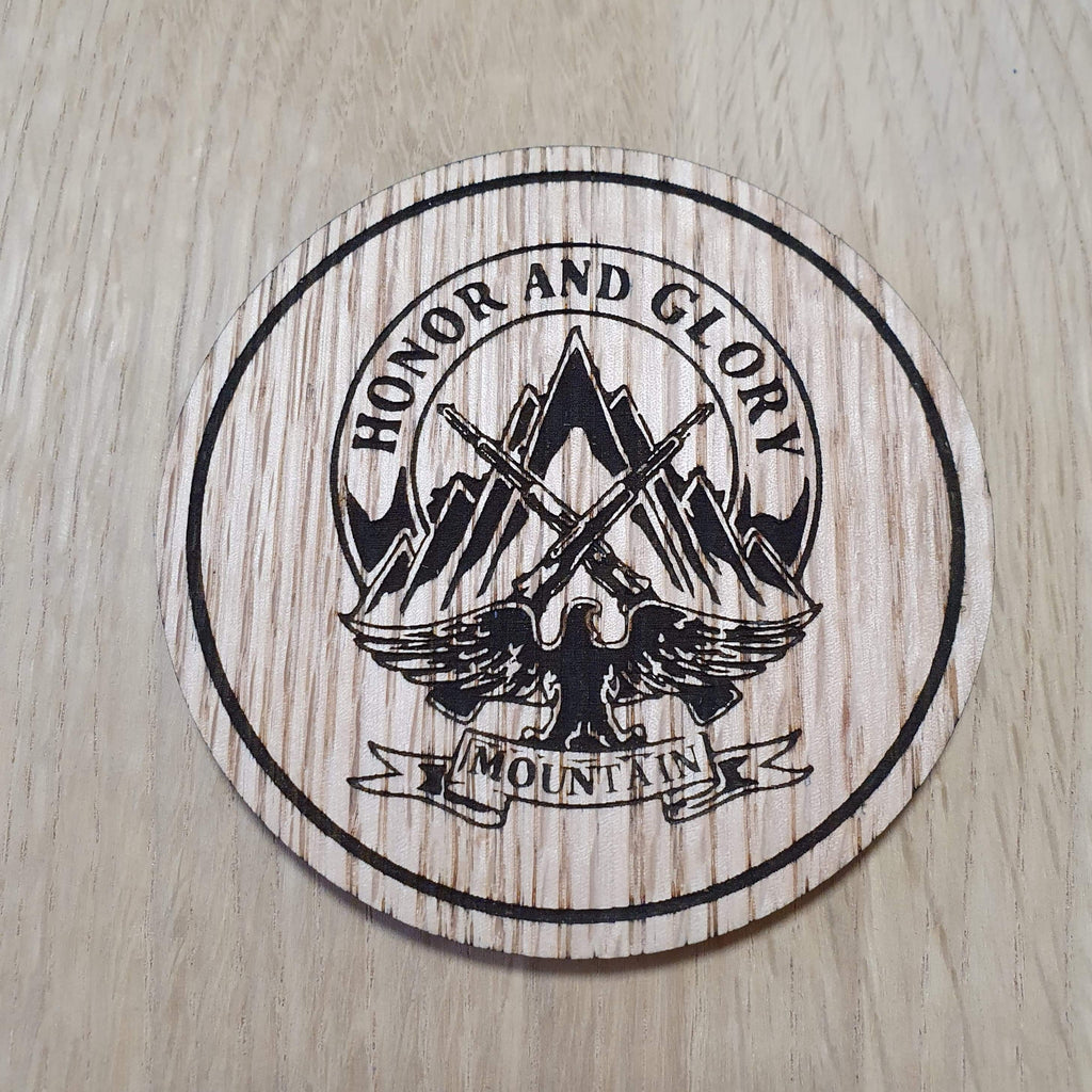 Laser cut wooden coaster personalised. honor and glory mountain