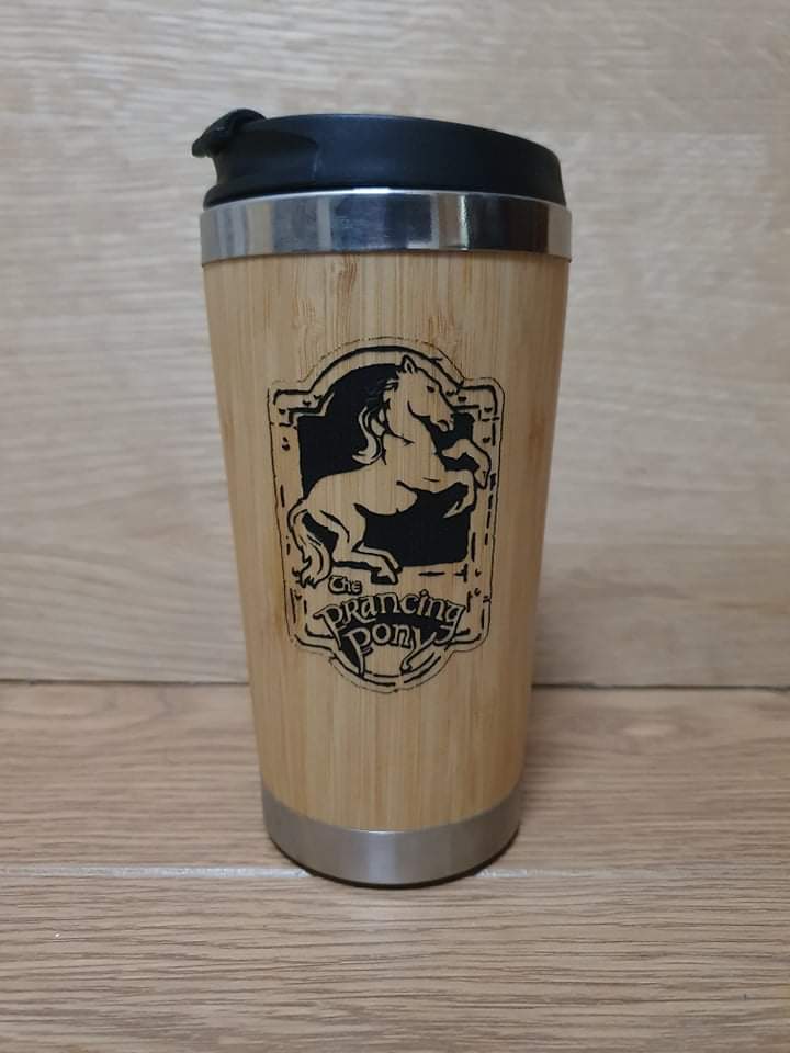 Lasercut Travel Mug personalised - S-Steel with 100% Bamboo exterior -  LOTR prancing pony